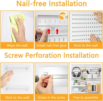 16pcs Pegboard sets, Plastic White Peg board Wall Organizer Kits,4pcs Peg Board and 12 Accessories Modular Hanging, Wall Mount Display Pegboard Panel Sets for Home Office Garage Kitchen Workshop