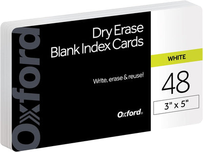 Oxford Dry Erase Index Cards, 3x5 Blank, Reusable Flash Cards, Double Sided Dry & Wet Erase Cards for Gaming, Study or Vocabulary, 48-Pack (63518)