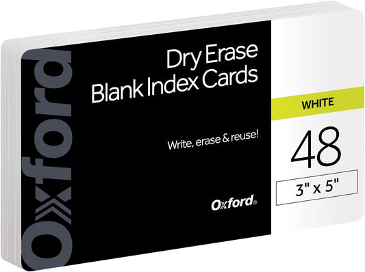 Oxford Dry Erase Index Cards, 3x5 Blank, Reusable Flash Cards, Double Sided Dry & Wet Erase Cards for Gaming, Study or Vocabulary, 48-Pack (63518)