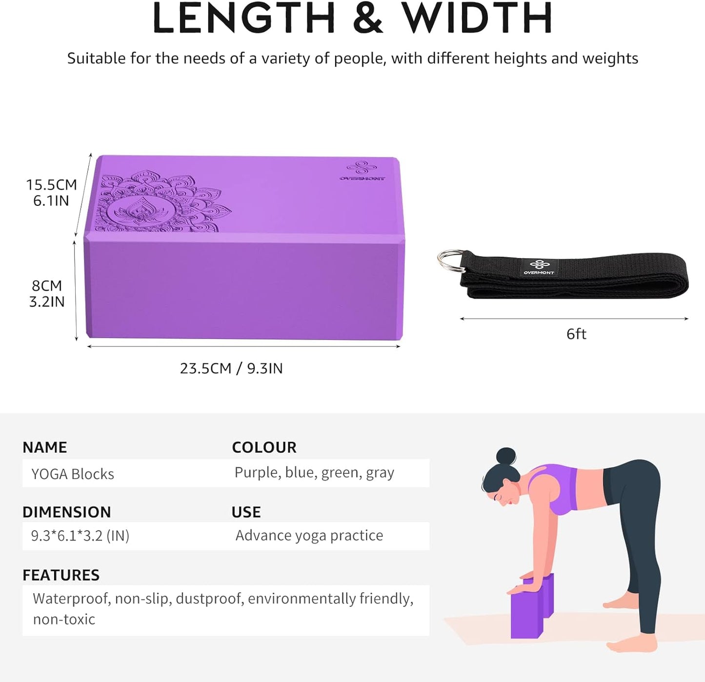 Overmont Yoga Block 2 Pack Supportive Latex-Free EVA Foam Soft Non-Slip Surface for General Fitness Pilates Stretching and Meditation 9"x6"x3" Yoga Strap Included