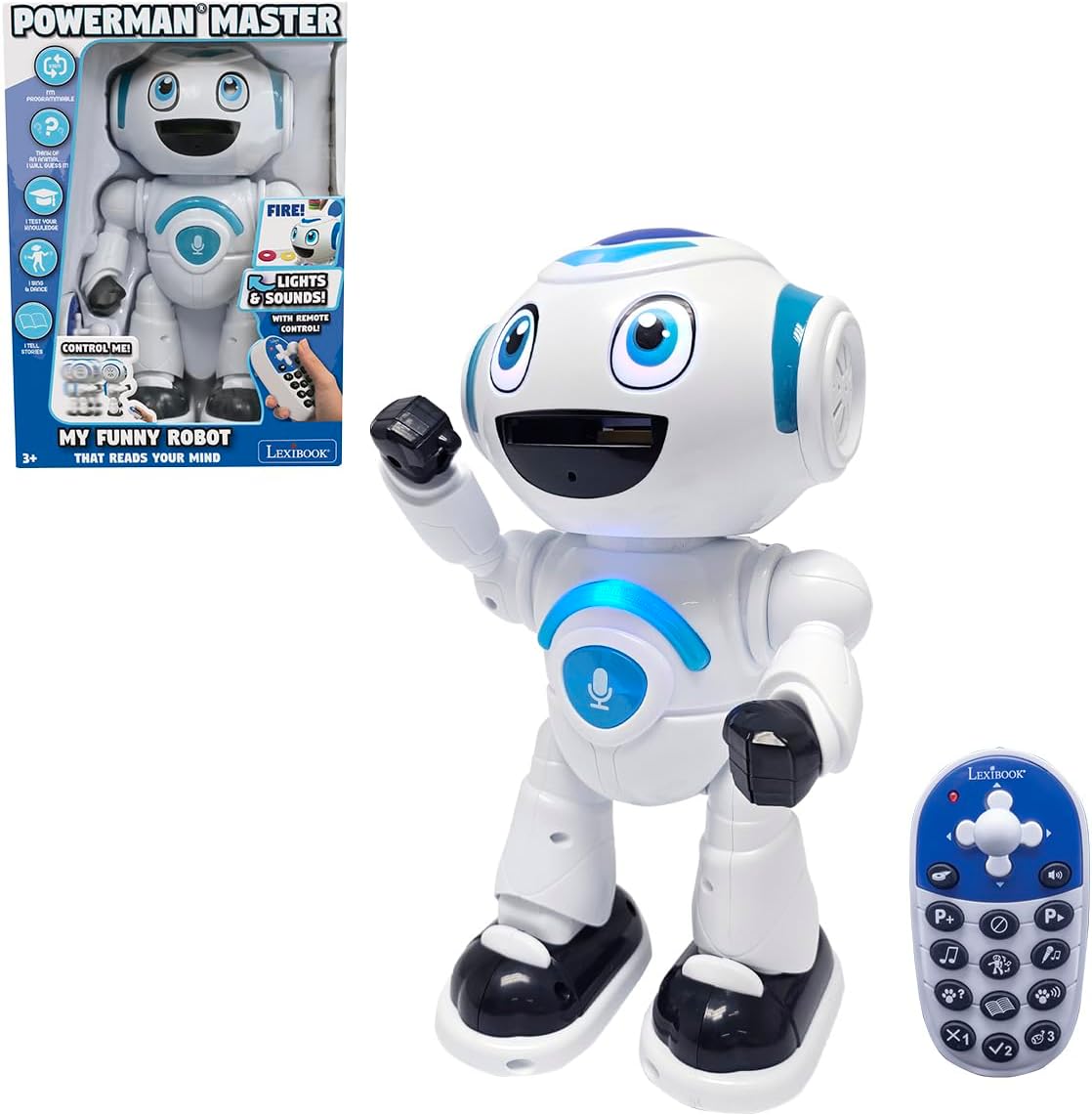 LEXiBOOK Powerman Max - Remote Control Walking Talking Toy Robot STEM Programmable Dances Sings Telling 10,000 Stories 300+ Learning Quiz Shooting Discs and Voice Repeat for Kids 4+ - ROB80EN, White