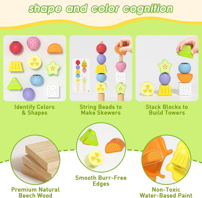 Montessori Lacing Beads Toy for Toddlers 2 3 4, Wooden Fruit Lacing Beads with 20 Double-Sided Pattern Cards, Stacking & Lacing Fine Motor Skills, Sensory Educational Birthday Gift for Boys & Girls