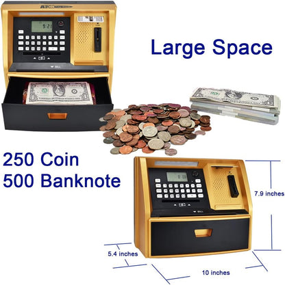 ATM Savings Bank with Debit Card, Electronic Piggy Bank for Real Money, Coin Recognition, Targets Setting, Password Login, Voice Prompt, Great Gift for Boys Girls (Golden/Black)