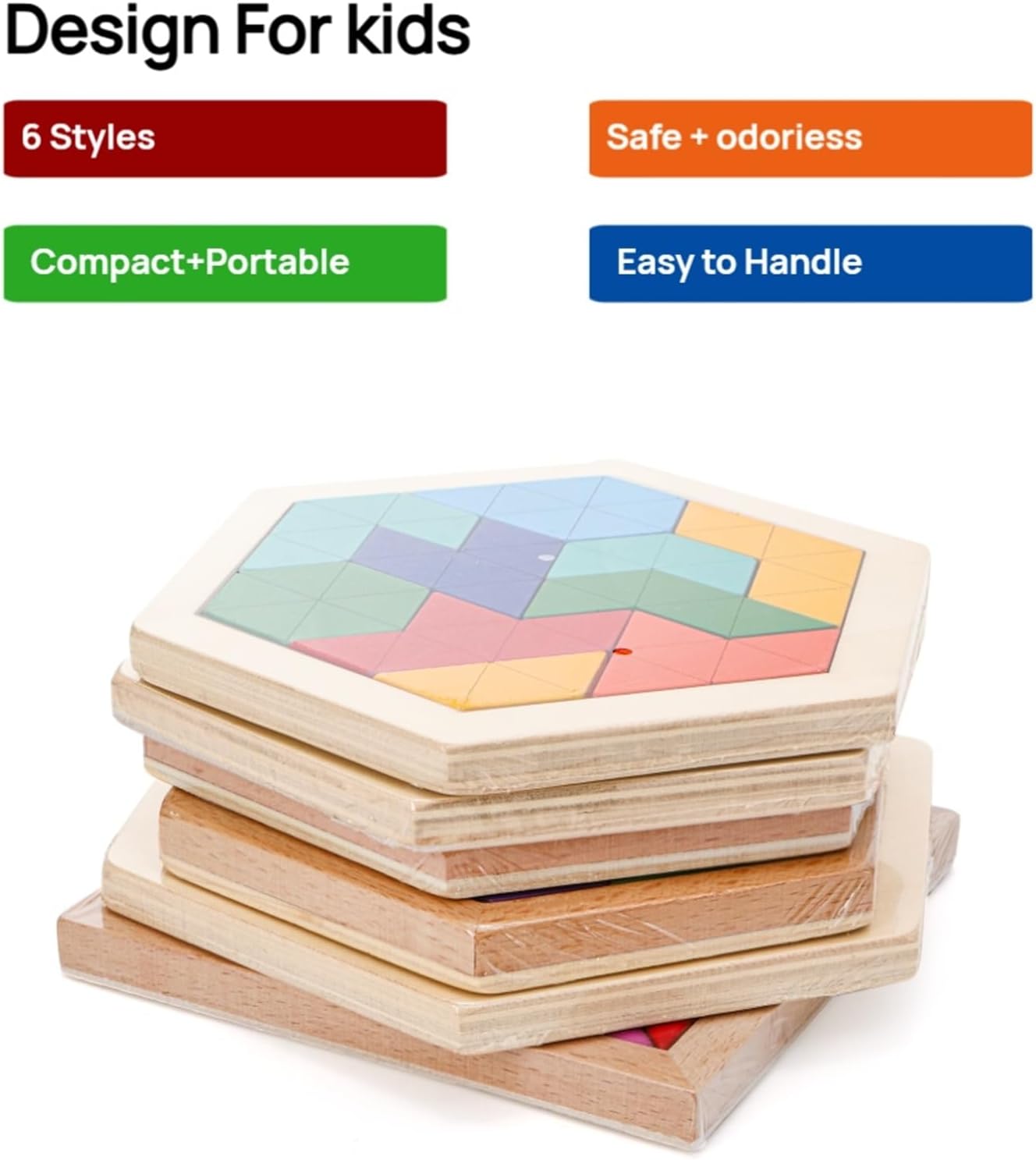 Yopay 6 Pack Wooden Tangrams Puzzles for Kids, 6 Styles Brain Teaser Hexagon Puzzle Block Geometric Shapes Jigsaw 3D Logic IQ Game