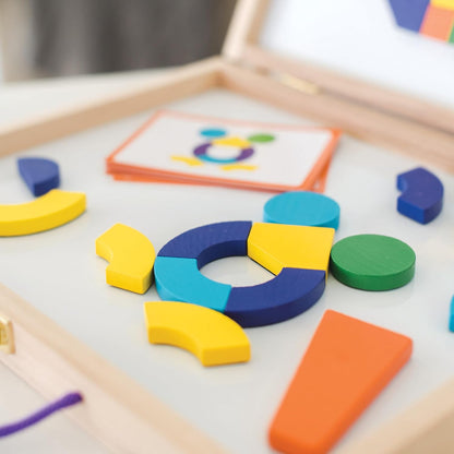MindWare Imagination Magnets Wooden Pattern Blocks Set - Imaginative Play with magentic Shapes in a Carrying case - 42 Magnetic Solid Wooden Blocks, 50 Full-Color Laminated Puzzles