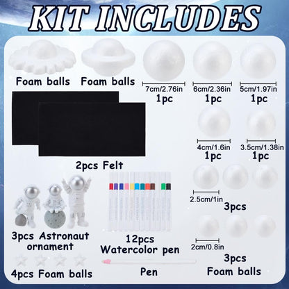 WEBEEDY 25 Pcs DIY Solar System Project Kit Astronaut Solar System Model Foam Ball Kit with Planet Foam Balls, Felt Background, 12 Colors Pigments, DIY Craft Foams for Christmas Birthday Unique Gift