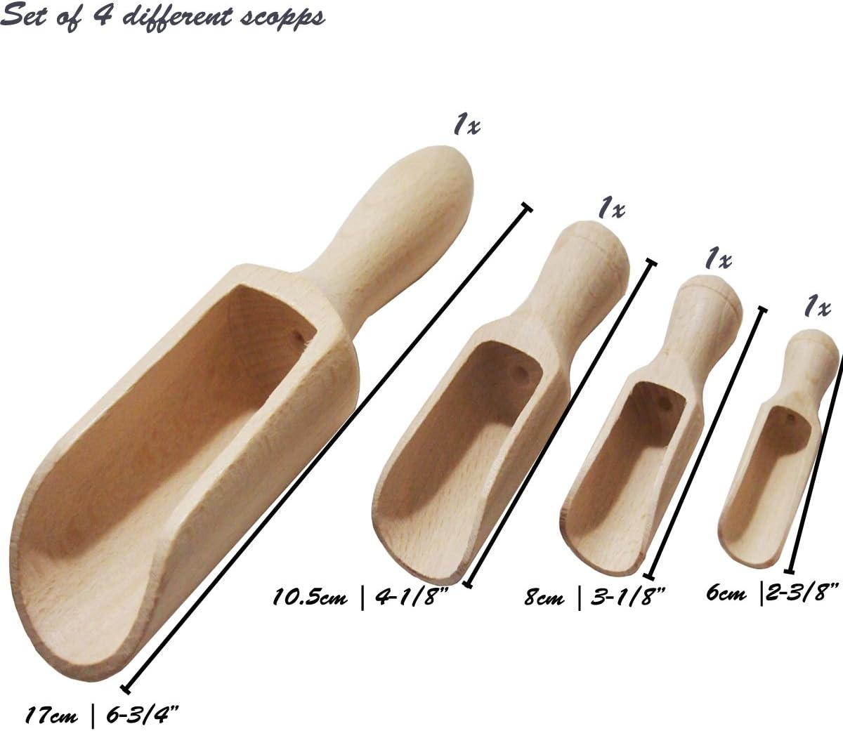 efo Versatile Wooden Scoops Set 4pcs - Multipurpose Wooden Spoons - Wood Salt and Spice Scoops – Rustic Bath Salt Scoop - Wooden Nuts Scoop - sizes: 2.4"; 3.3"; 3.9"; 6.7" / 6; 8.5; 10; 17cm