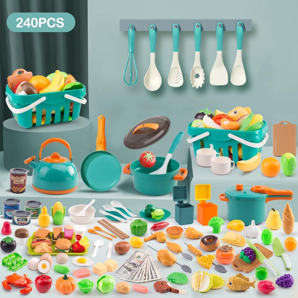 60Pcs Kids Mini Play Kitchen Accessories, Pretend Cooking Play Set with Cookware, Tableware & Fruit & BBQ Sets, Learning Gift for Boys, Girls, Toddlers,Yellow