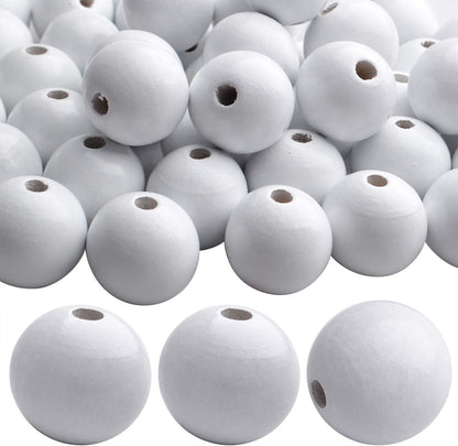 Aylifu Round Wooden Beads, 50 pcs 25mm Natural Unfinished Wooden Spacers for DIY Crafts Jewelry Making, White, Hole: 5mm