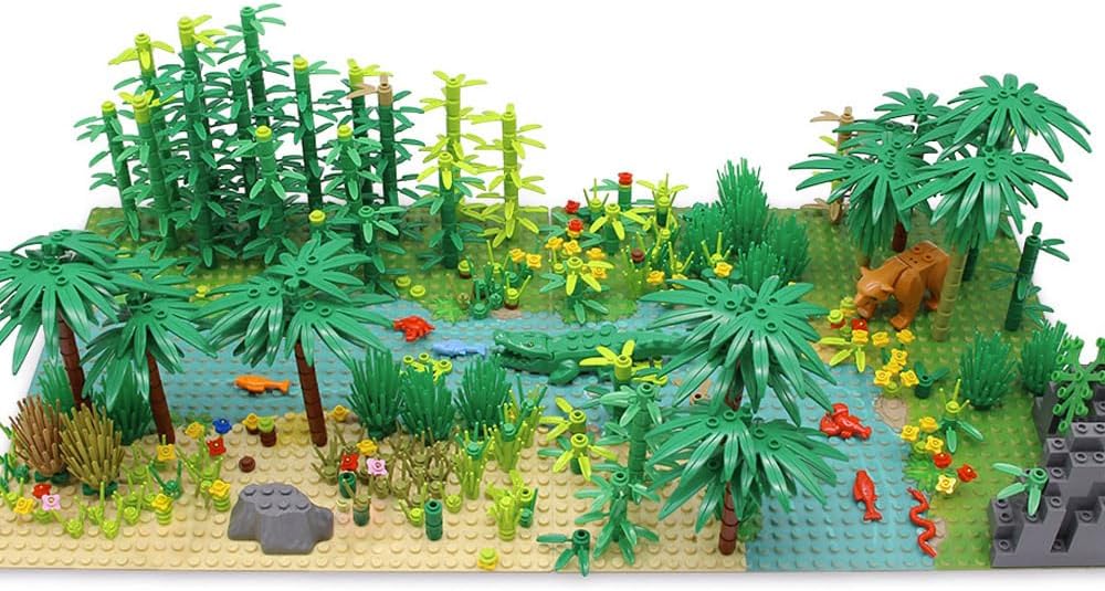 Rainforest Jungle Trees Building Blocks Bricks with 2 Base Plates (10 Inches for Each), Forest Garden Plants Flowers Bushes Animals Kit, Botanical Parts Scenery Toys Compatible with Major Brands