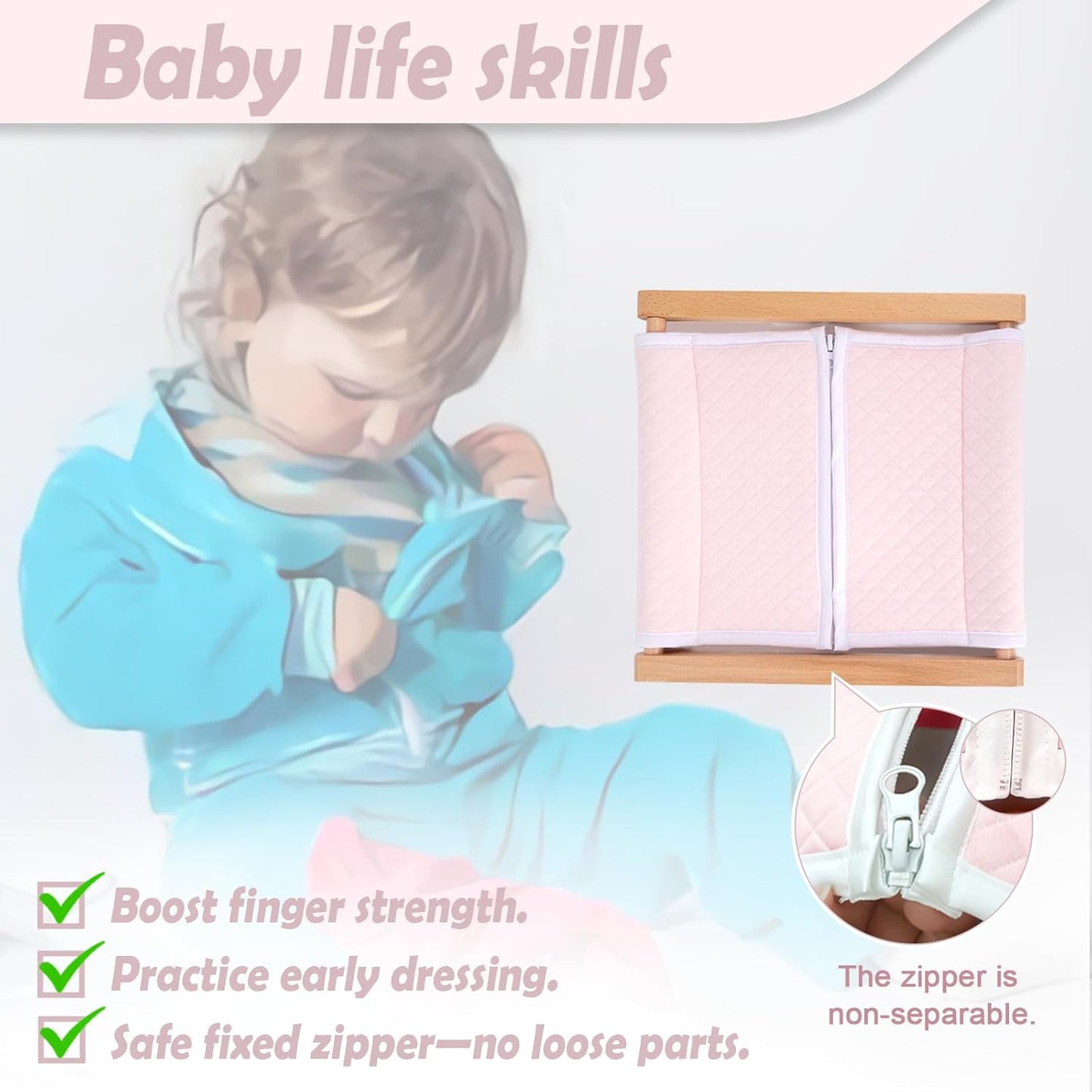 Montessori Wooden Toys for Dressing Learning Board Learning Basic Dressing Skills - Buttons, Snaps, Zippers, Belt Buckles & Hook-and-Loop Fastener Toys for 1 2 3 Year Old Toddlers Sensory Toy Gifts