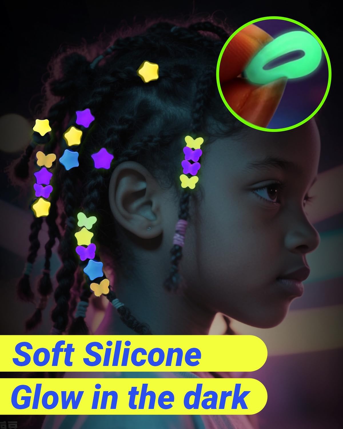 50Pcs Soft Small Silicone Beads for Hair,Hair Beads for Kids Girls Braids with 5mm Hole Glow in The Dark 5 Color(50)