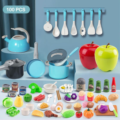 130Pcs Kitchen Playset, Toddler Pretend Cooking Play Pots, Pans, Utensils Cookware, Daily Food Fruit Veges, Shopping Storage Basket, Dessert, Prop Money, Learning Gift for Child (Pink)