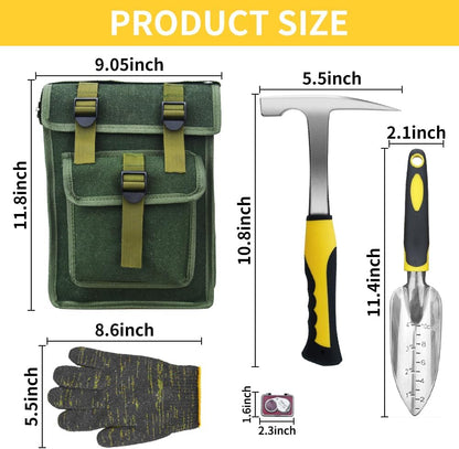 14 PCS Geology Rock Pick Hammer Kit, Gold Mining & Prospecting Equipment Tool, Musette Bag, 22oz Hammer & Digging Chisels, Shovel, Magnifying Glass, Whistle, Goggles