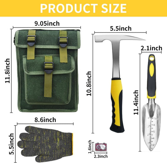 14 PCS Geology Rock Pick Hammer Kit, Gold Mining & Prospecting Equipment Tool, Musette Bag, 22oz Hammer & Digging Chisels, Shovel, Magnifying Glass, Whistle, Goggles