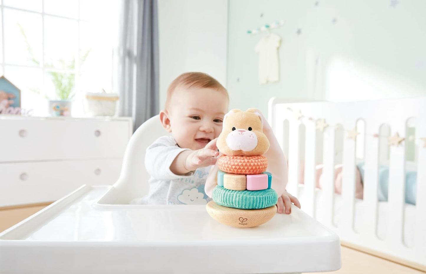 Hape Bunny Stacker|Wooden Stacking Rings|Wobble Learning Tower Developmental Toy, for Babies 10 Months+