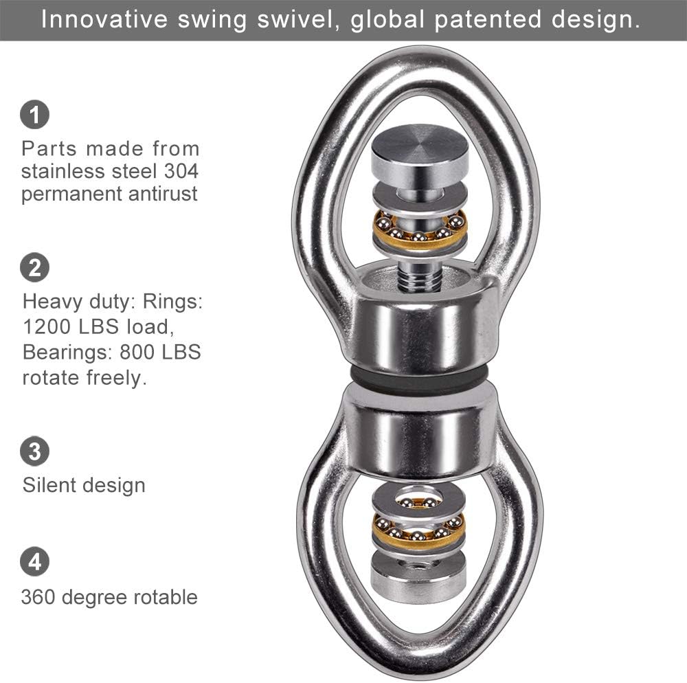 SELEWARE Silent Bearing Swing Swivel, 360° Rotational Device Hanging Accessory with Removeable Buckle for Tree Swing, Hammock Chair, Climbing Rope, Yoga, Kids Swing Swivel 1200LB Capacity, 2 Pack