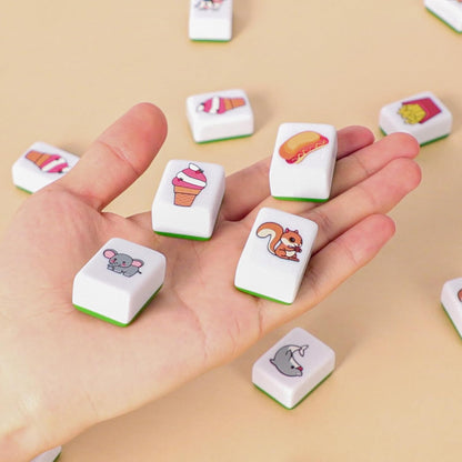 GRACIAS 2 Players Mahjong Block Set, Mahjong Tile Game with 50 Premium Pink Tiles(30mm) Animal and Food Pattern, Portable Mahjongg Set with A Carry Bag