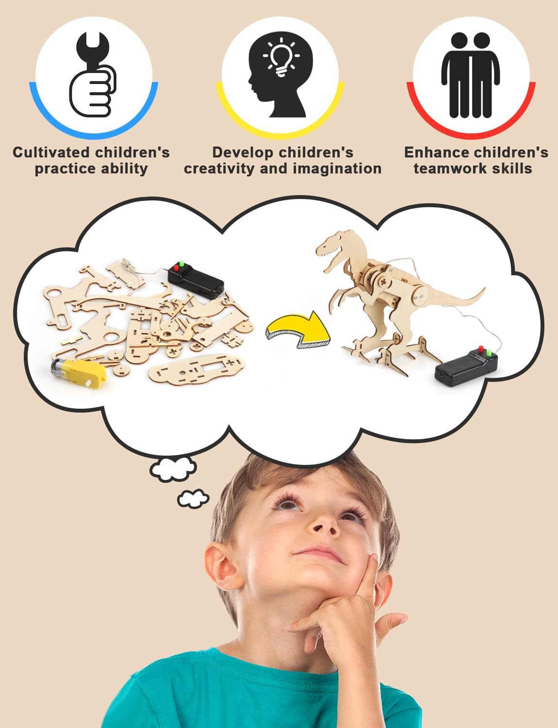 Poraxy Dinosaur Toys, 4 in 1 STEM Kits for Kids Age 8-10, Toys for Ages 8-13, Educational Science Building Projects, 3D Wooden Puzzles Robot Crafts, Gifts for Boys Girls 7 8 9 10 11 12 13 Year Old