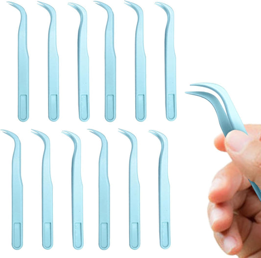 12 Pack 4.5 inches Plastic Tweezers for Kids Crafts for DIY Jewelry Making, beads bracelets, Baking Decoration, Reptile Feeding, Disposable Eyelashes Stickers Tweezers Bulk