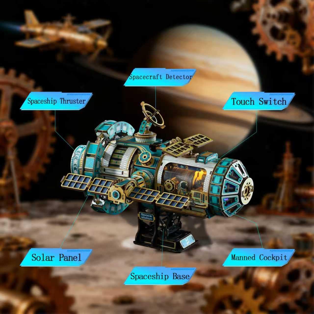 3D Wooden Puzzles for Adults - Space Station Mechanical Model Kit with Lights & Music, 511PCS Adult Wooden Puzzles, DIY Building Toy for Teen & Adults, Miniature House Kit for Birthday Father's Day