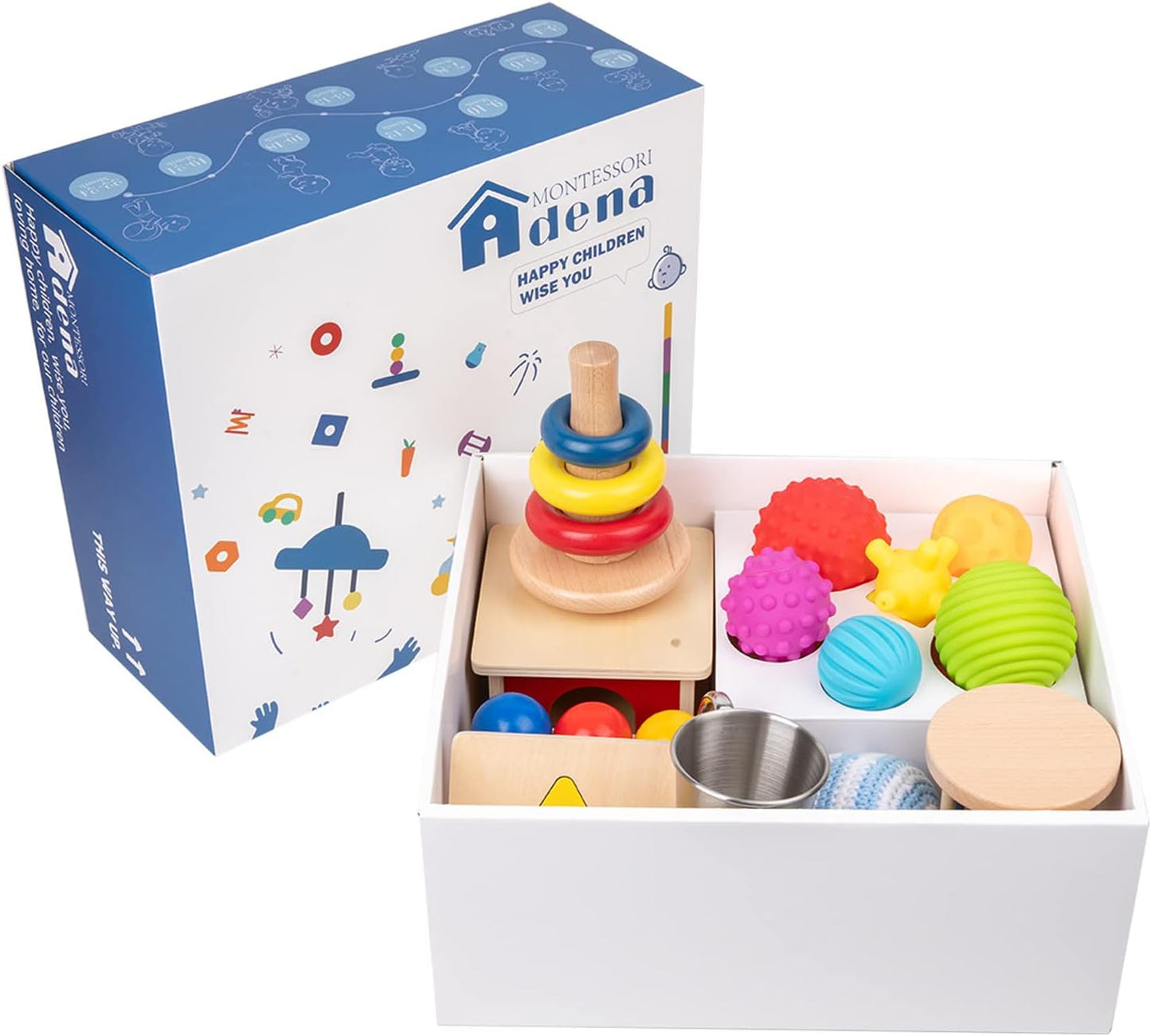 Adena Montessori Play Kit for 3-4 Months Baby,8 in 1 Wooden Learning Educational Toys for Toddler,Include Framed Mirror Book,High-Contrast Cards and More,Christmas Birthday Gift for Boys Girls