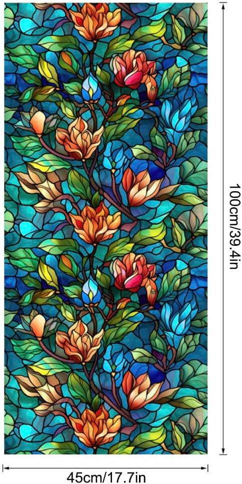 JOONOR Privacy Window Film Stained Glass Window Sticker Non-Adhesive Frosted Glass Film Decorative Magnolia Flower Pattern Static Cling Decals for Home UV Blocking/Heat Insulation 17.7 x 39.4 Inch