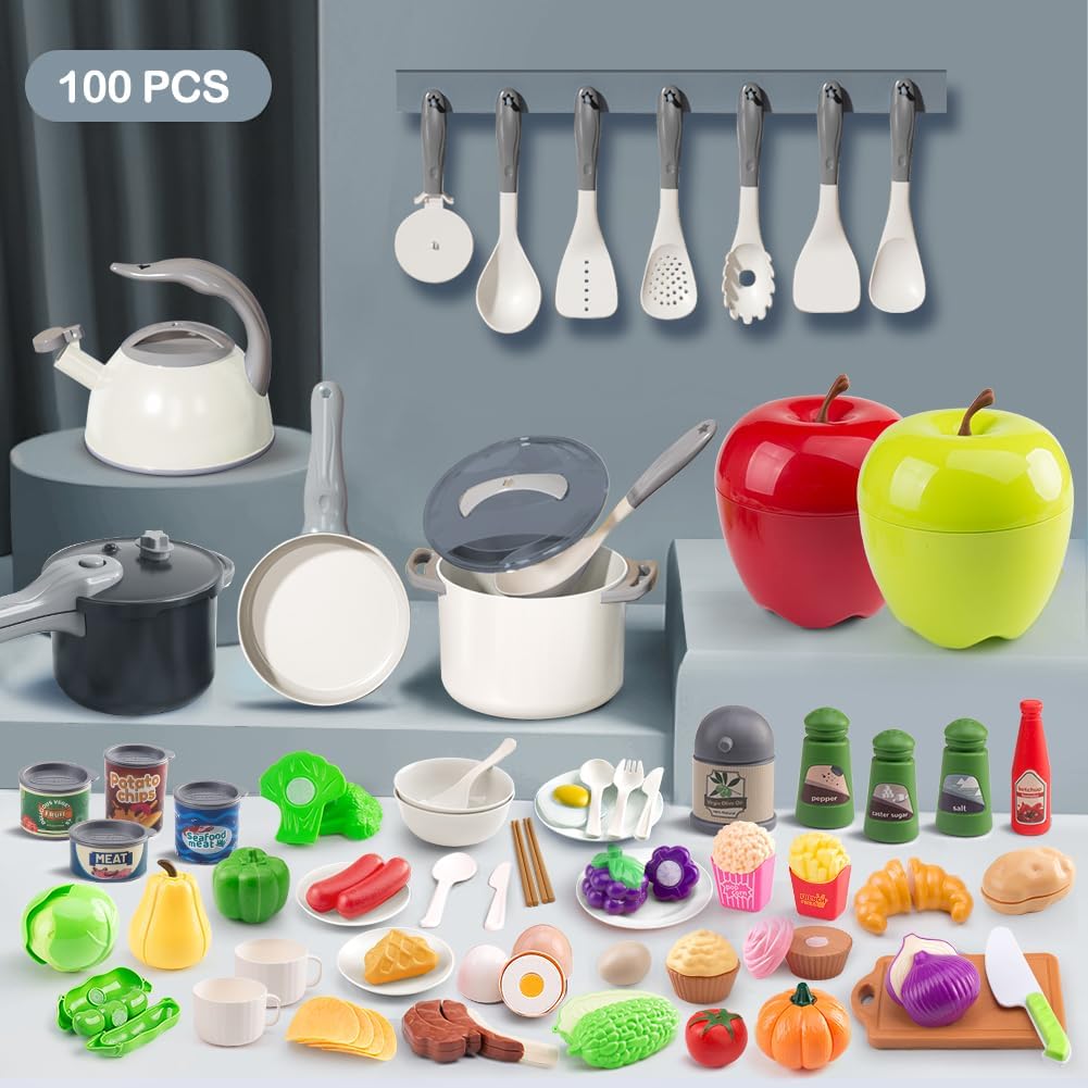 130Pcs Kitchen Playset, Toddler Pretend Cooking Play Pots, Pans, Utensils Cookware, Daily Food Fruit Veges, Shopping Storage Basket, Dessert, Prop Money, Learning Gift for Child (Pink)