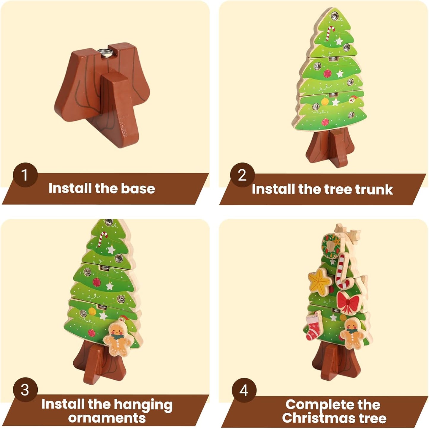 HUZU Christmas Tree Snap Builders 2025 – Wooden Building Blocks, 3D Puzzle, DIY Montessori Fine Motor Toy, Christmas Ornaments, Decor, Gifts for Grandkids, Stocking Stuffers for Kids, Boys & Girls