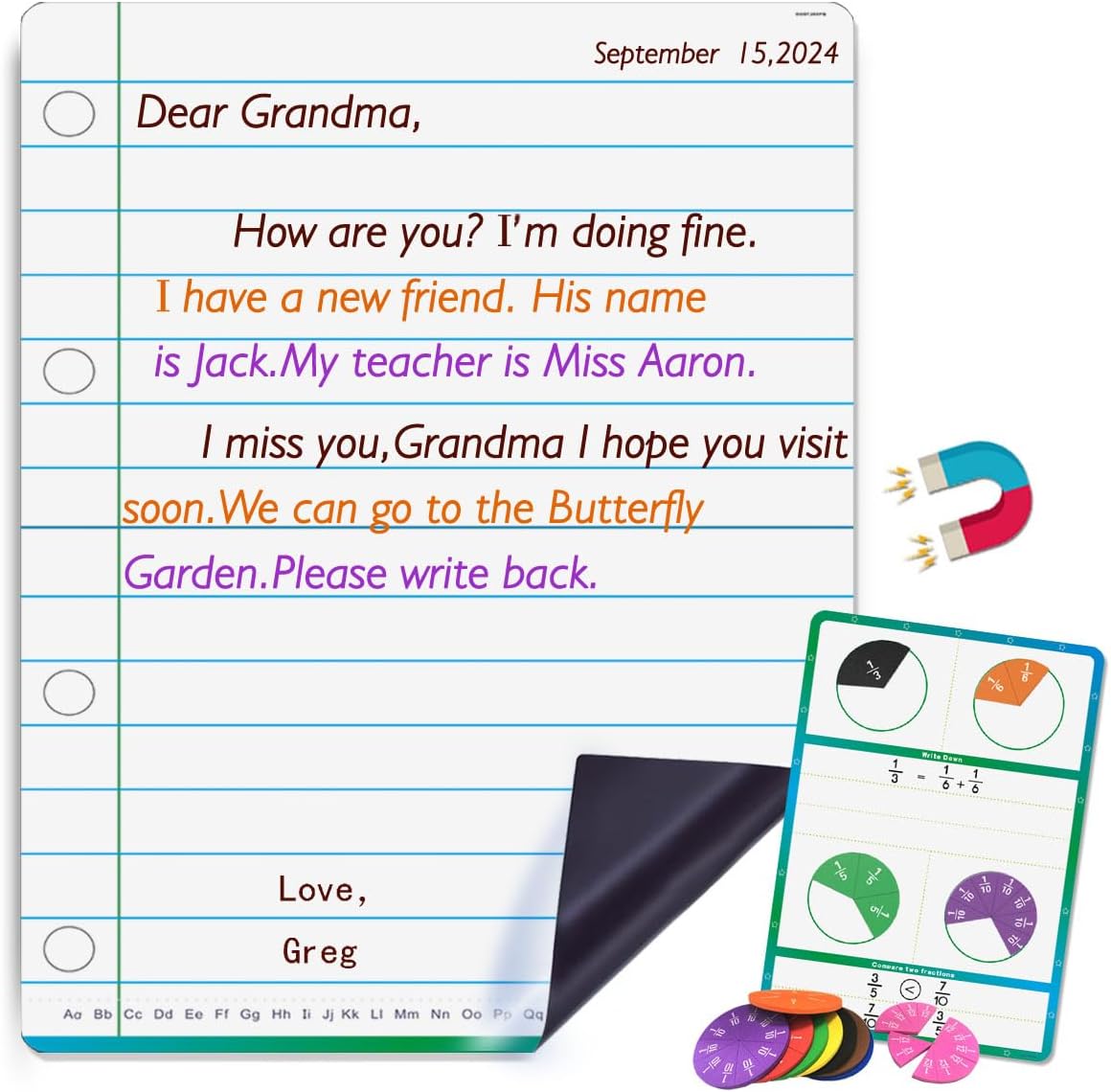Giant 23.3x16.5inch Magnetic Notebook Lined Paper for Whiteboard, Fraction Circles,Notebook Paper for Classroom Dry Erase Handwriting Chart Kids for Teachers