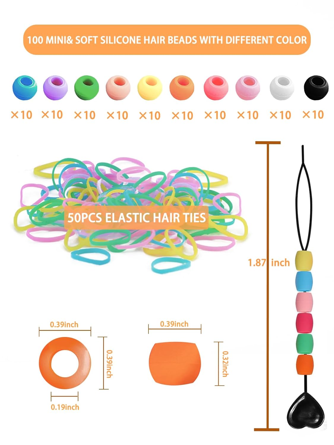 100 Small Silicone Hair Beads Glow in Dark for Kids Girls Braids, 5mm Colorful Soft Silicone Hair Beads, 1 Plastic Quick Beaders for Hair Braids, 50 Elastic Rubber Bands