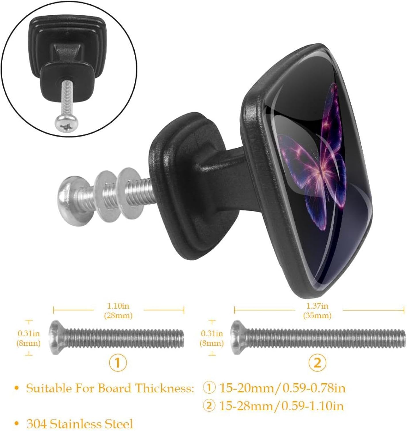4 Pack Cabinet Knobs Drawer Pulls, 30mm Round ABS Glass Drawer Hardware Growing Purple Butterflies Cabinet Handles with Screws for Dressers Kitchens Cupboard