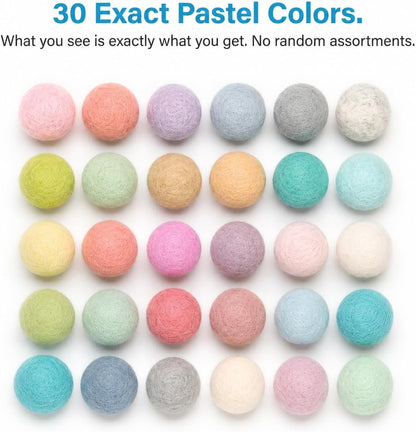 Glaciart One Felt Pom Poms, Wool Felt Balls with Swirls & Dots (90 Pieces) 2 cm – 0.8 Inch, Handmade Felted 30 Color Pastel Bulk Small Puff for Felting and Garland