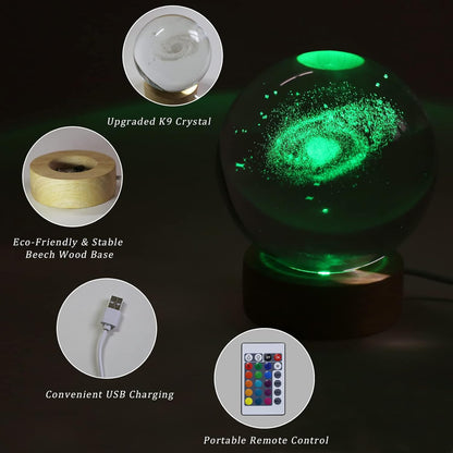 3D Solar System Crystal Ball Night Light with 16 Color LED Wooden Base, Upgraded 3.15 Inch Galaxy Planets Glass Ball Lamps with Remote for Birthday Christmas, Astronomy Space Gifts for Boys Girls