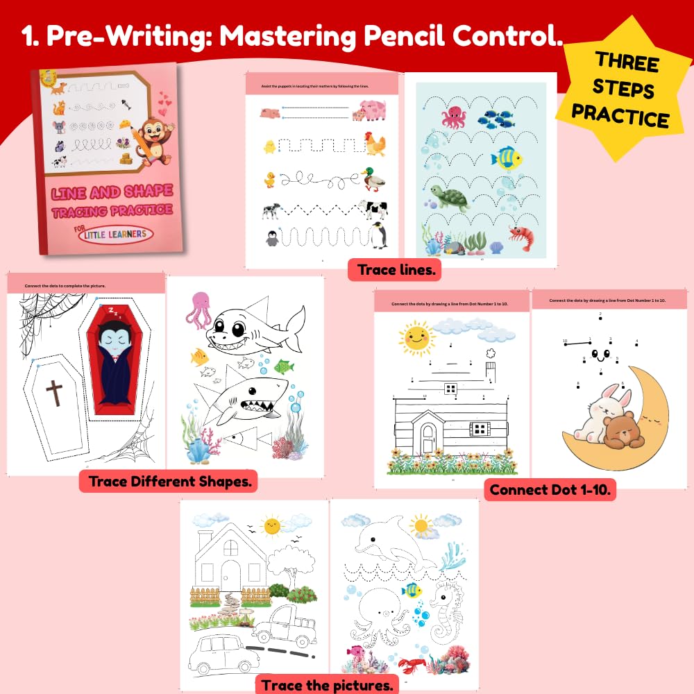 Writing Practice Workbook Set for Kids Ages 3-5 - Tracing Books with Thick Triangular Pencils, Sharpener, Eraser | Learn to Write Letters, Numbers, Lines | Preschool & Kindergarten Homeschool Supplies