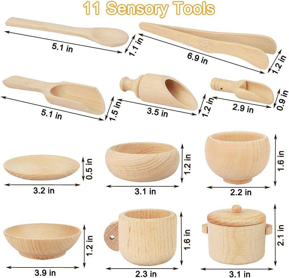 Montessori Sensory Bin Tools: 1 Wooden Box + 11 Sensory Tools for Toddlers & Preschool Children - Fine Motor Learning Pretend Play