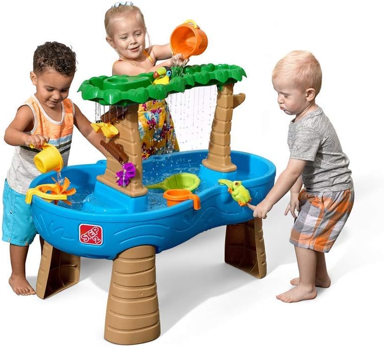 Step2 Rain Showers Splash Pond Water Table with Cover, Kids Water and Sand Activity Sensory Playset, Summer Outdoor Toys, 13-Piece Water Toy Accessories, For Toddlers 1.5+ Years Old, Blue & Green