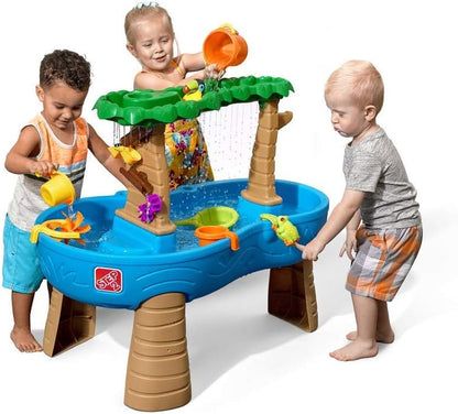 Step2 Rain Showers Splash Pond Water Table with Cover, Kids Water and Sand Activity Sensory Playset, Summer Outdoor Toys, 13-Piece Water Toy Accessories, For Toddlers 1.5+ Years Old, Blue & Green