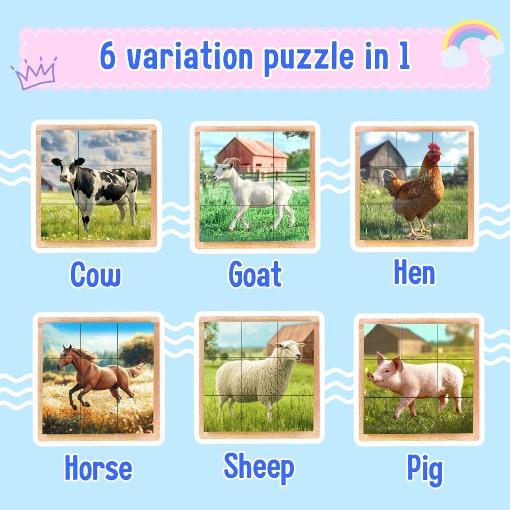 6-in-1 Wooden Animal Puzzle – Montessori Cube Toy for Kids – Realistic Farm Animals Educational Wood Blocks for Toddlers Ages 3–6
