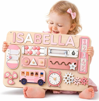 Montessori Busy Board with Personalized Name Puzzle, Wooden Sensory Activity Toy for Toddlers 1-3, First Birthday Gift