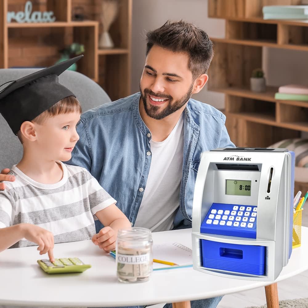 Electronic Piggy Bank with Password for Kids for 6-12 Year Old Boys and Girls - Toy Counting Money Bank - Fun Birthday Present - ATM Piggy Bank for Real Money (Black/Silver)