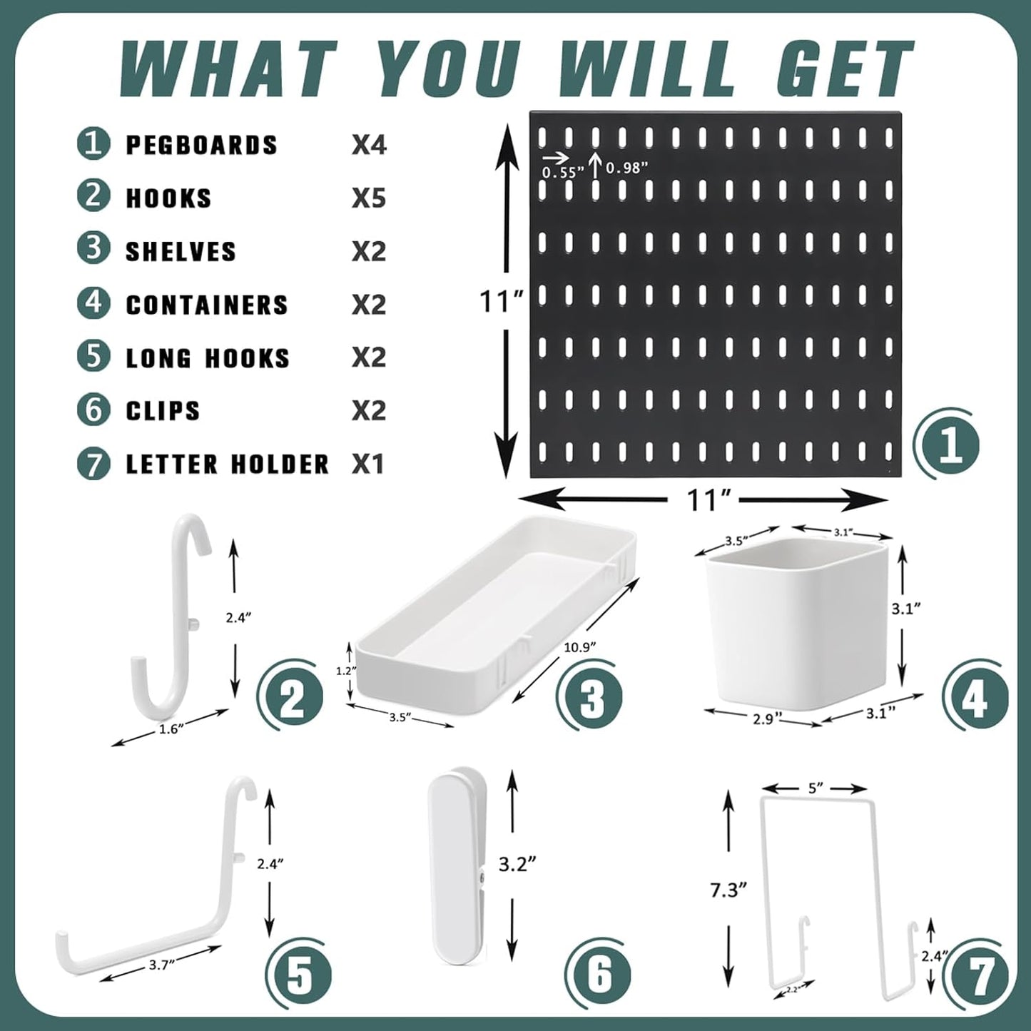 MULSAME Pegboard Combination Kit, Wall Mounted Storage Set with 4 Pegboards & 14 Accessories Hanging, White Peg Boards Organizer for Walls Display, Crafts Organization, Kitchen Organizer, 22" x 22"