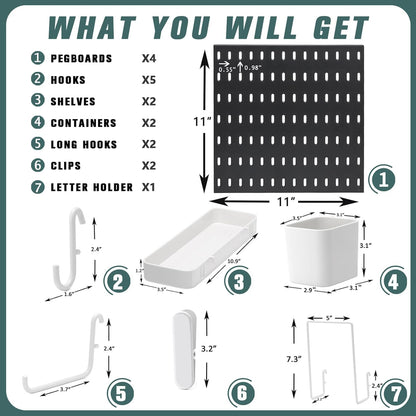 MULSAME Pegboard Combination Kit, Wall Mounted Storage Set with 4 Pegboards & 14 Accessories Hanging, White Peg Boards Organizer for Walls Display, Crafts Organization, Kitchen Organizer, 22" x 22"