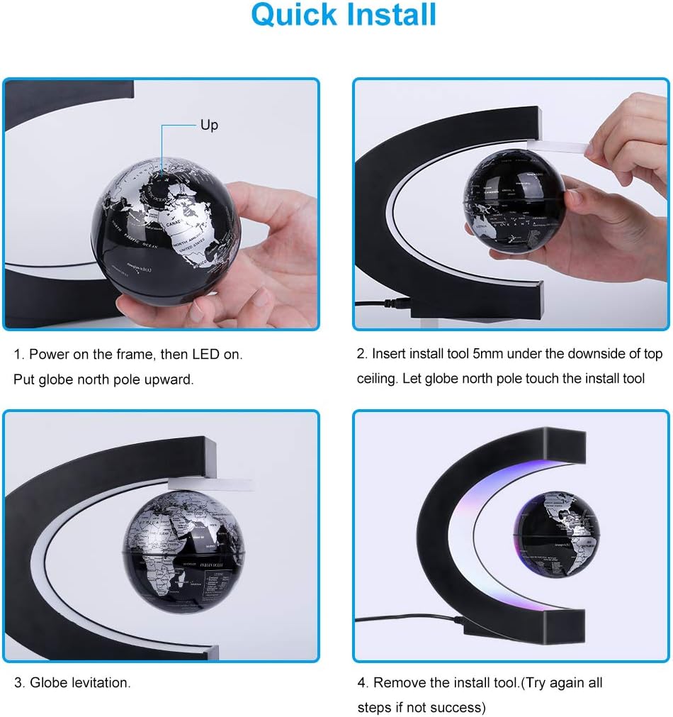 MOKOQI Magnetic Levitating Globe with LED Light, Cool Tech Gift for Men Father Boys and Girls, Birthday Gifts for Kids, Floating Globes World Desk Gadget Decor in Office Home Display (Silver)