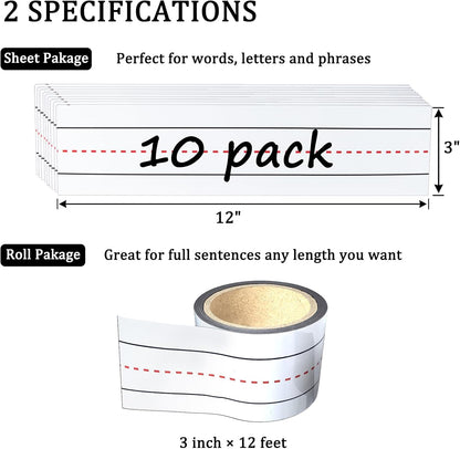 Dry Erasable Magnets Sentence Strips,Lined Erase Magnetic Tape 12x3 inches,10 Pack Teacher Must Haves for Classroom