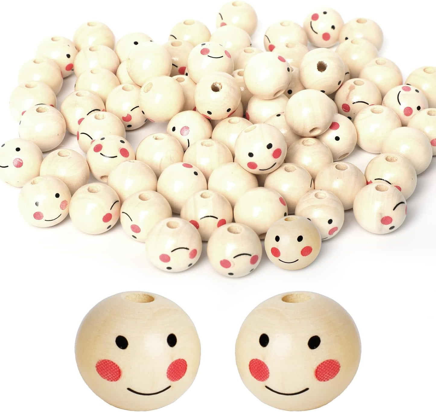 60PCS Wooden Beads with String,Natural Wood Beads Loose Beads with Face,2 Styles Wooden Smiley Beads Set for Chiristmas Tree Wreath DIY Key Chain Angel Craft Jewelry Making(30pcs 20mm 30pcs 18mm)