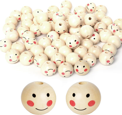 60PCS Wooden Beads with String,Natural Wood Beads Loose Beads with Face,2 Styles Wooden Smiley Beads Set for Chiristmas Tree Wreath DIY Key Chain Angel Craft Jewelry Making(30pcs 20mm 30pcs 18mm)