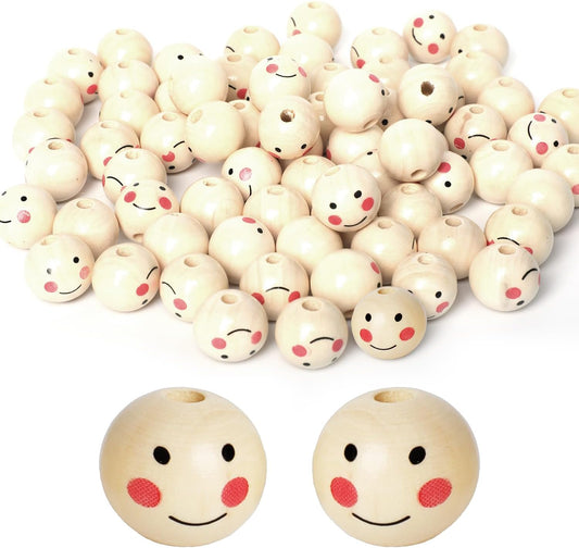 60PCS Wooden Beads with String,Natural Wood Beads Loose Beads with Face,2 Styles Wooden Smiley Beads Set for Chiristmas Tree Wreath DIY Key Chain Angel Craft Jewelry Making(30pcs 20mm 30pcs 18mm)