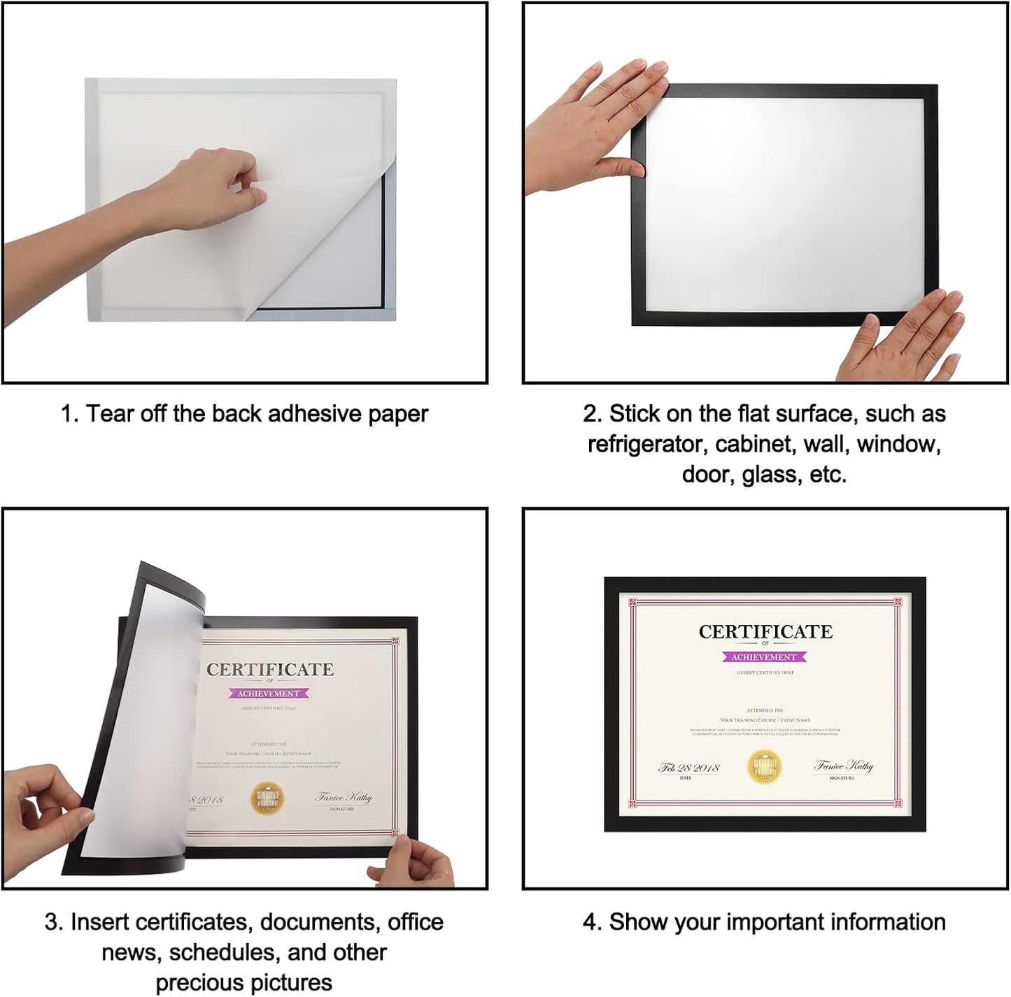 Hoikwo 12 Packs 8.5x11 Black Certificate Frames, Bulk 8.5 by 11 Document Frames, 8.5 x 11 Picture Frames Set, Adhesive Magnetic Frames for Letter Holder for Refrigerator Glass Door