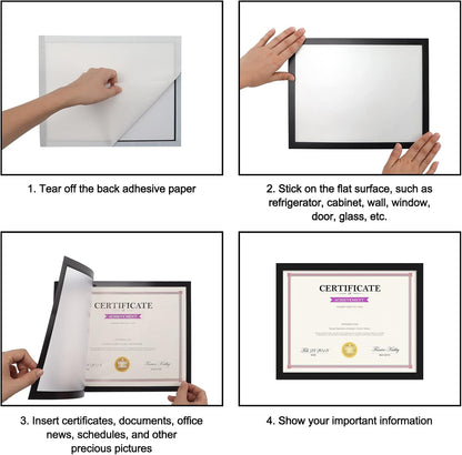 Hoikwo 12 Packs 8.5x11 Black Certificate Frames, Bulk 8.5 by 11 Document Frames, 8.5 x 11 Picture Frames Set, Adhesive Magnetic Frames for Letter Holder for Refrigerator Glass Door